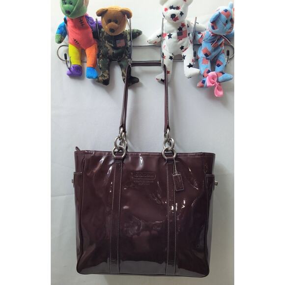 Coach Galaxy Purple Plum Patent Leather Tunrlock Pocket Double Handle Tote Bag - Picture 1 of 16